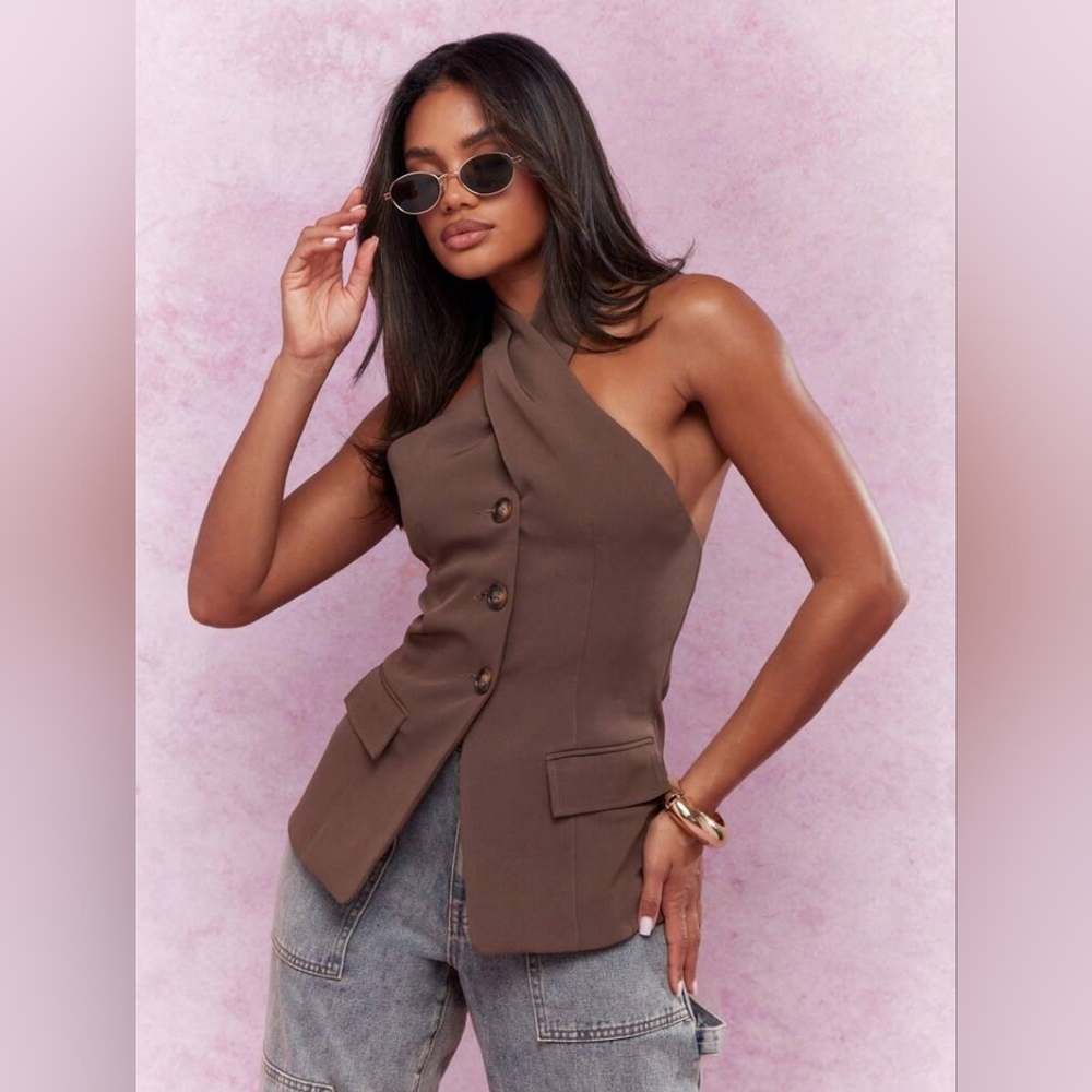 MISSGUIDED Buttoned Cross Halter Neck Backless‎ Top With Pockets Coffee Brown